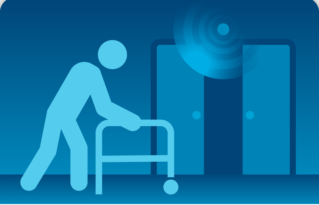 Ilustração em estilo de ícone em tons de azul de uma pessoa com um andador aproximando-se de uma porta automática que se abre por meio de sensores.