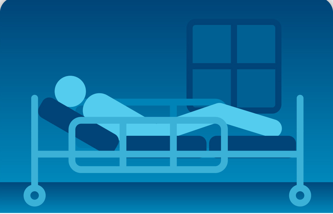 Ilustração em estilo de ícone em tons de azul de uma pessoa deitada em uma cama hospitalar com diferentes inclinações e alturas ajustáveis.