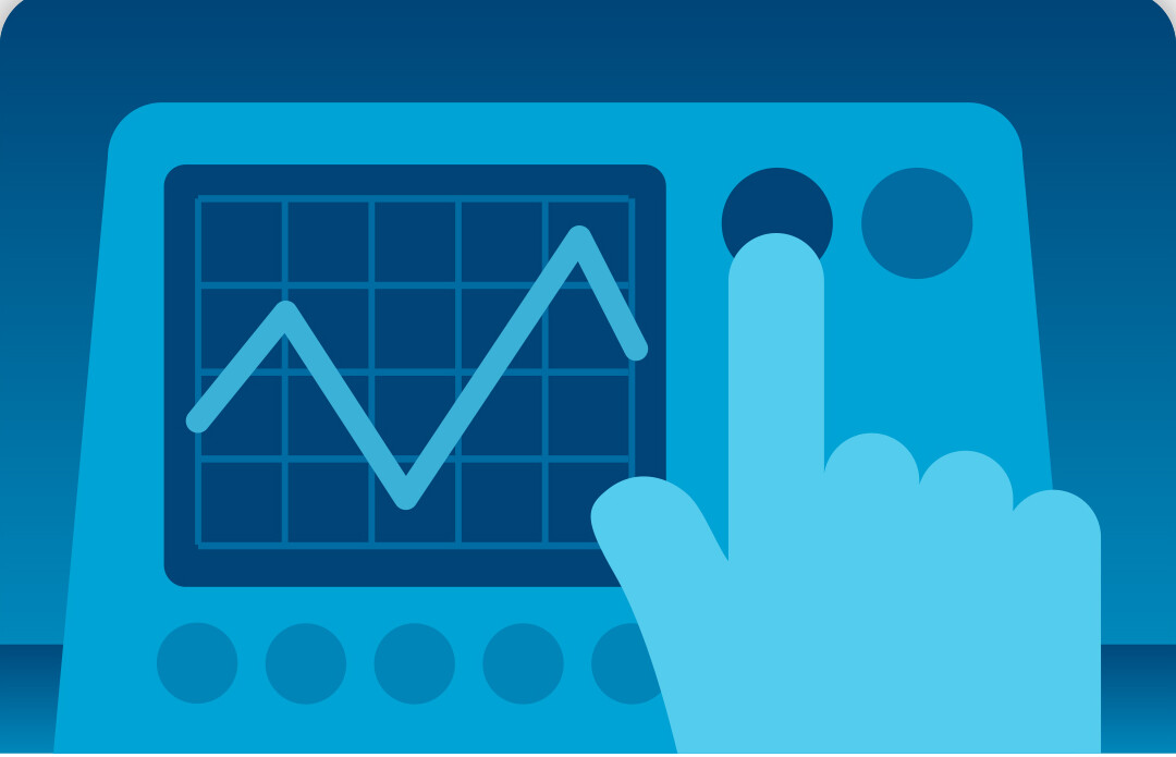 Ilustração em tons de azul de um monitor exibindo gráficos de batimentos cardíacos, com uma mão tocando um botão grande e central.