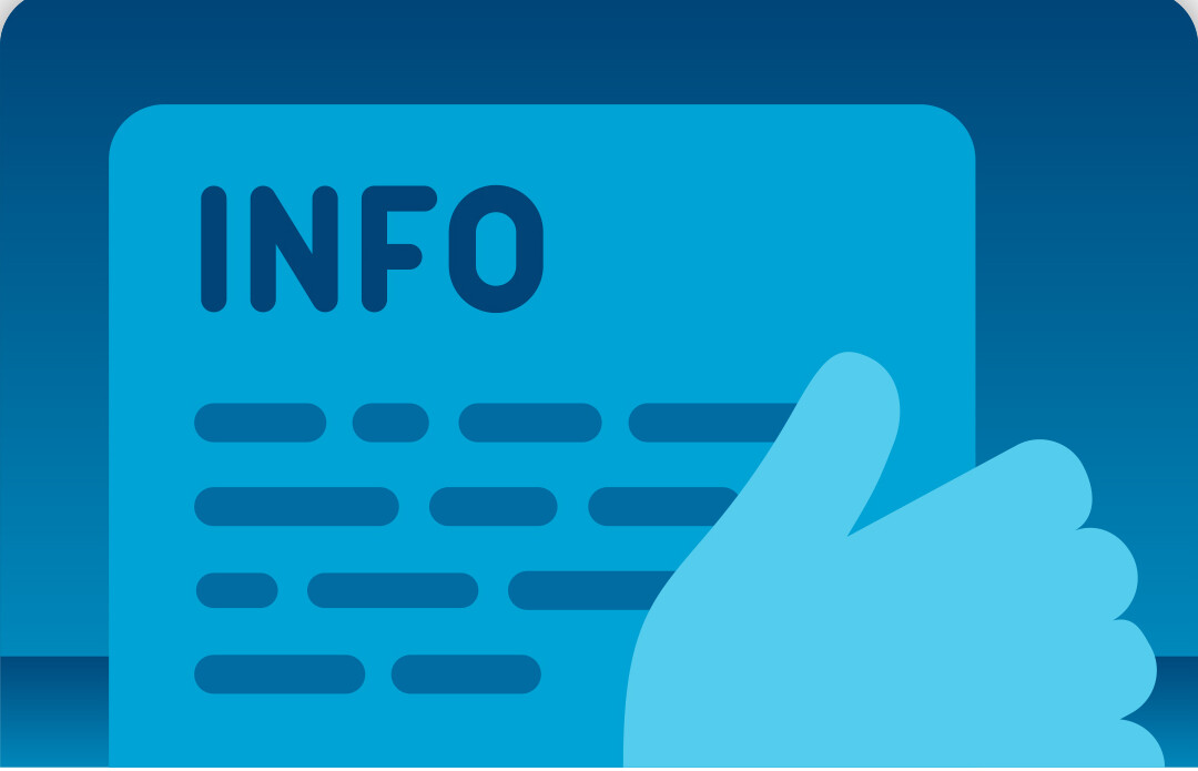 Ilustração em tons de azul de um cartão com a palavra "INFO" em letras grandes, acompanhada de linhas que sugerem texto em braille ou relevo, e uma mão interagindo.