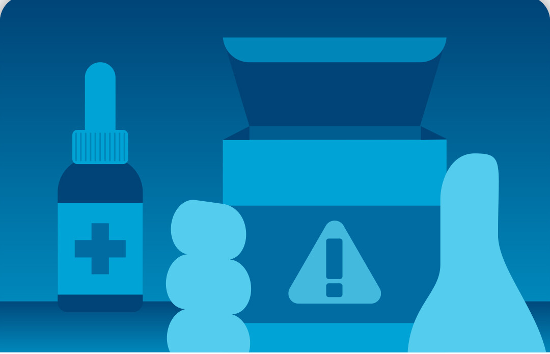 Ilustração em tons de azul de frascos de medicamentos com uma cruz na embalagem e uma outra caixa de remédio com um símbolo de alerta (triângulo com exclamação), indicando proteções contra acidentes.
