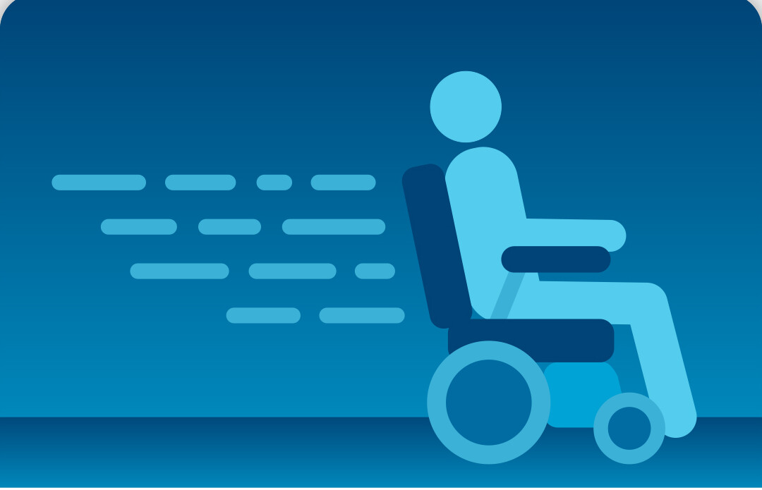 Ilustração em tons de azul de uma pessoa em uma cadeira de rodas, com linhas atrás da cadeira que sugerem fluidez, movimentação com facilidade e pouca resistência.